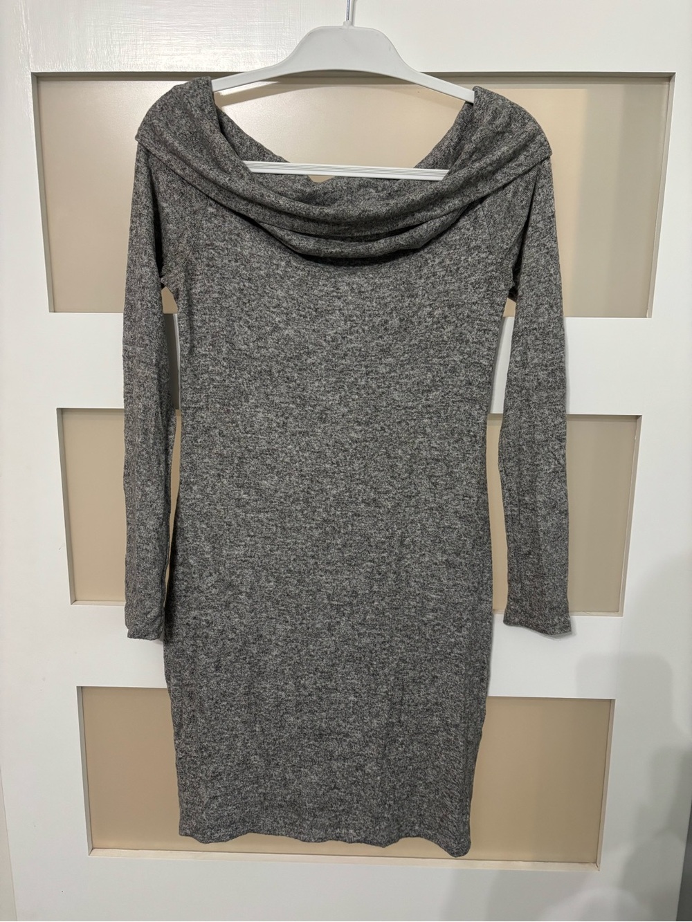 Express Gray Long Sleeve Off-Shoulder Knit Dress